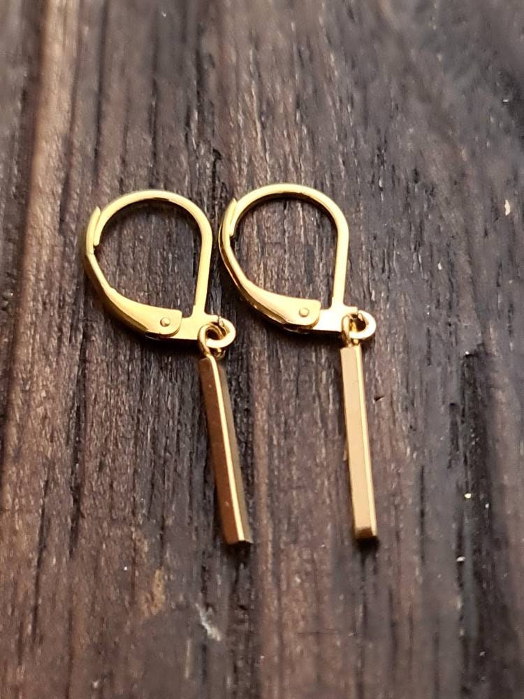 Gold Bar Earrings, Stainless Steel Dangle Leverback Earrings, Hook Earrings.