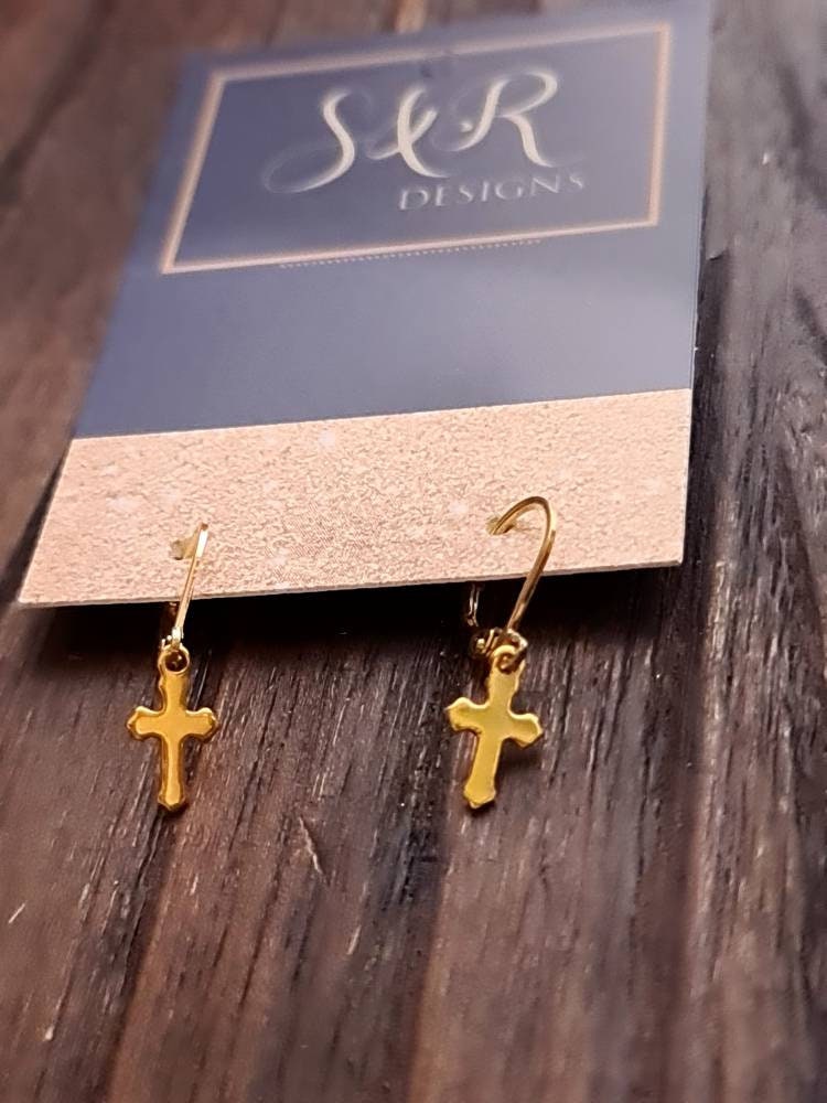 Gold Tiny Cross Leverback Earrings, Stainless Steel Dangle Leverback or Hook Earrings.