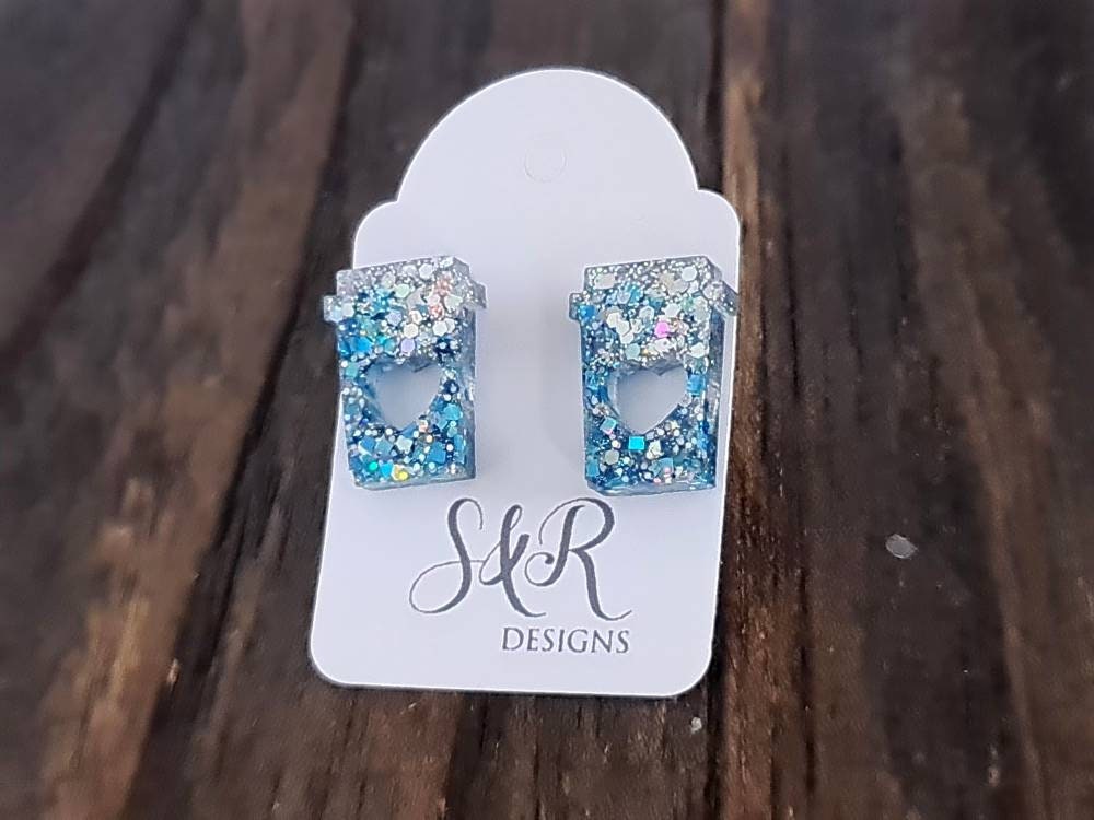 Coffee Cup Stud Earrings, Silver Holographic, Light Blue Glitter Coffee Earrings, Stainless Steel Studs