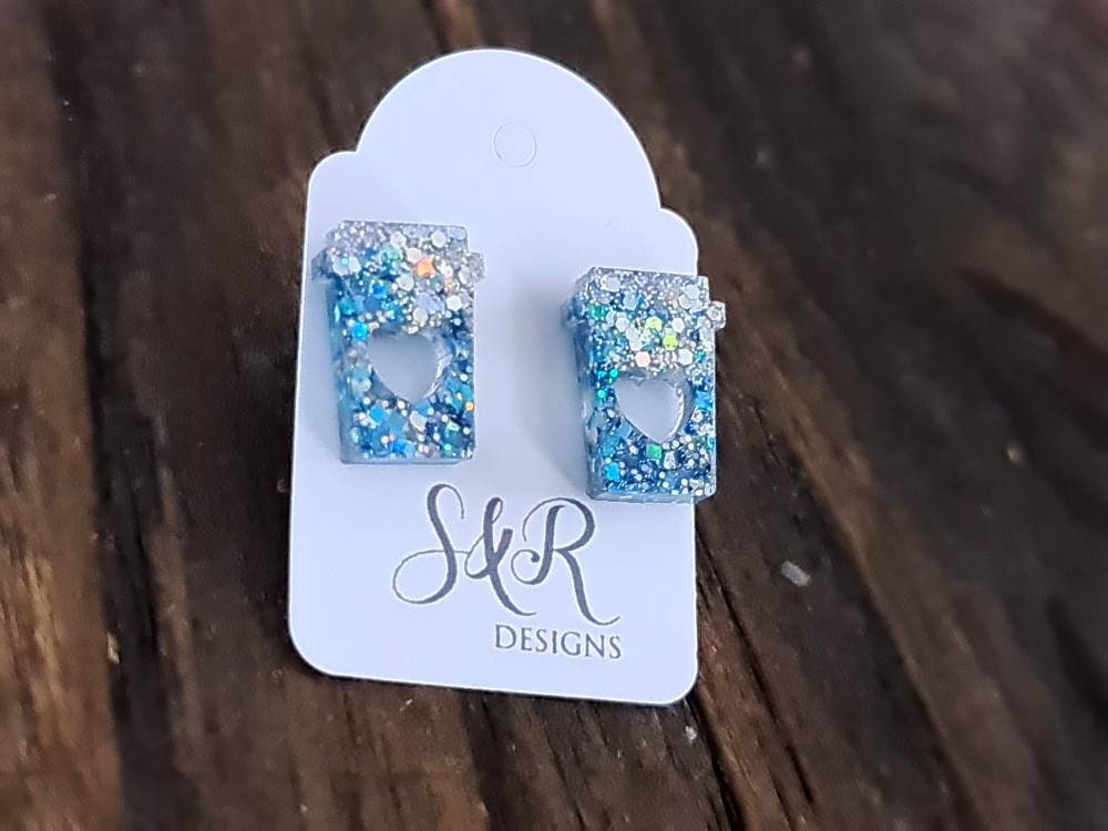 Coffee Cup Stud Earrings, Silver Holographic, Light Blue Glitter Coffee Earrings, Stainless Steel Studs