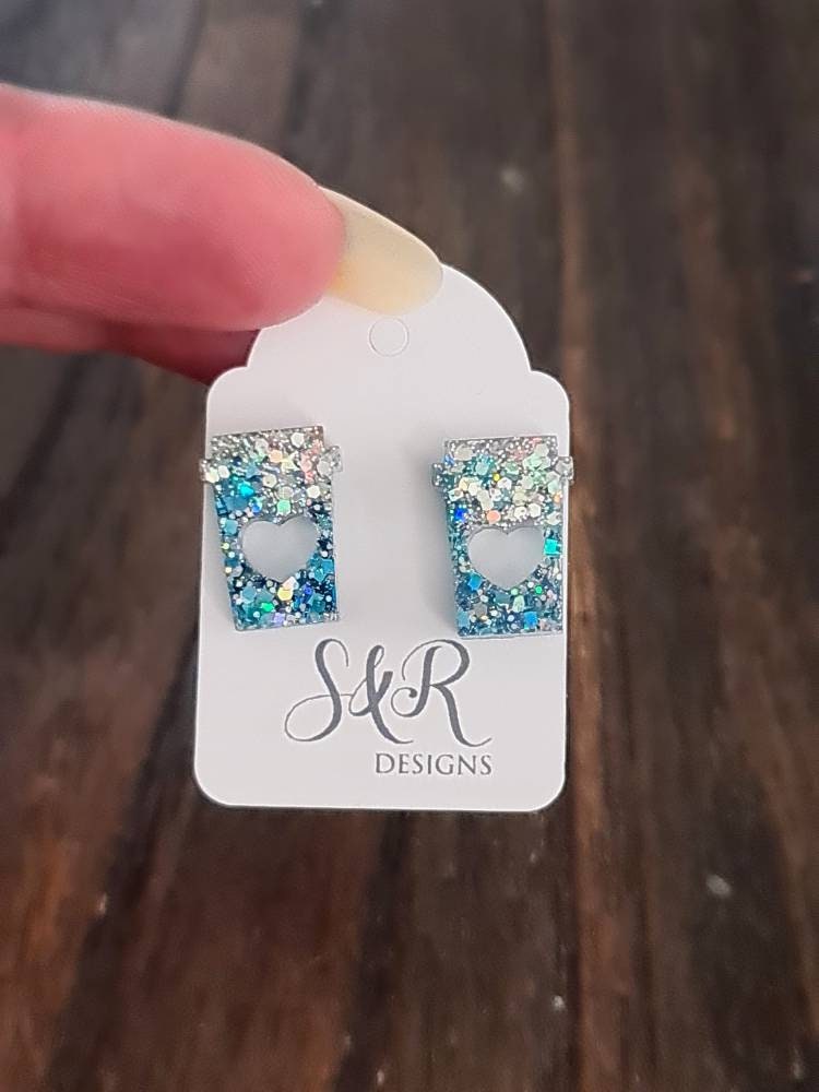 Coffee Cup Stud Earrings, Silver Holographic, Light Blue Glitter Coffee Earrings, Stainless Steel Studs