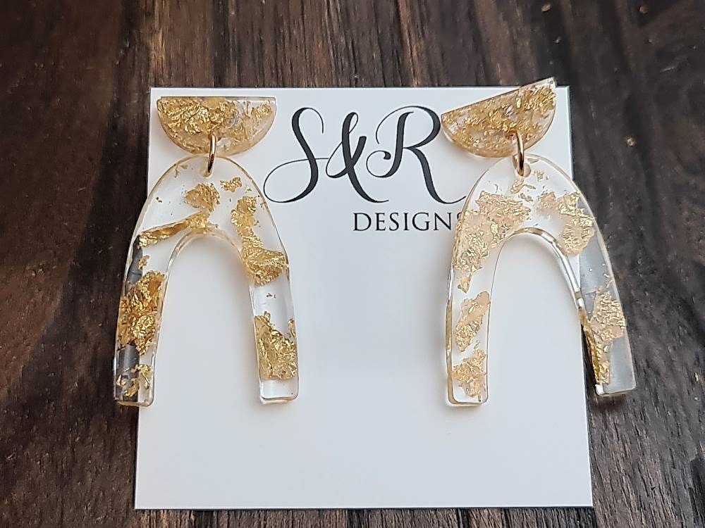 U Shape Dangle Earrings, Gold Leaf Earrings, Resin Dangle Earrings, Stainless Steel Earrings, Statement Earrings
