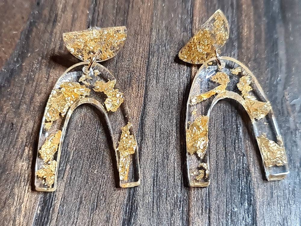 U Shape Dangle Earrings, Gold Leaf Earrings, Resin Dangle Earrings, Stainless Steel Earrings, Statement Earrings