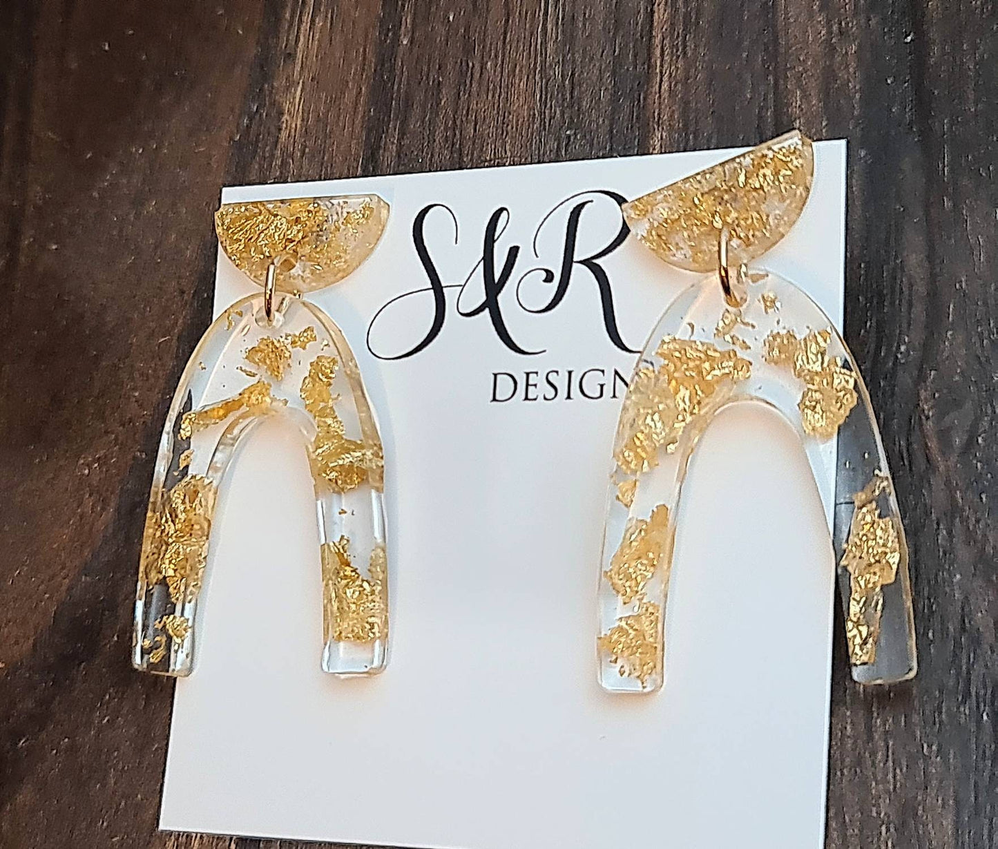 U Shape Dangle Earrings, Gold Leaf Earrings, Resin Dangle Earrings, Stainless Steel Earrings, Statement Earrings