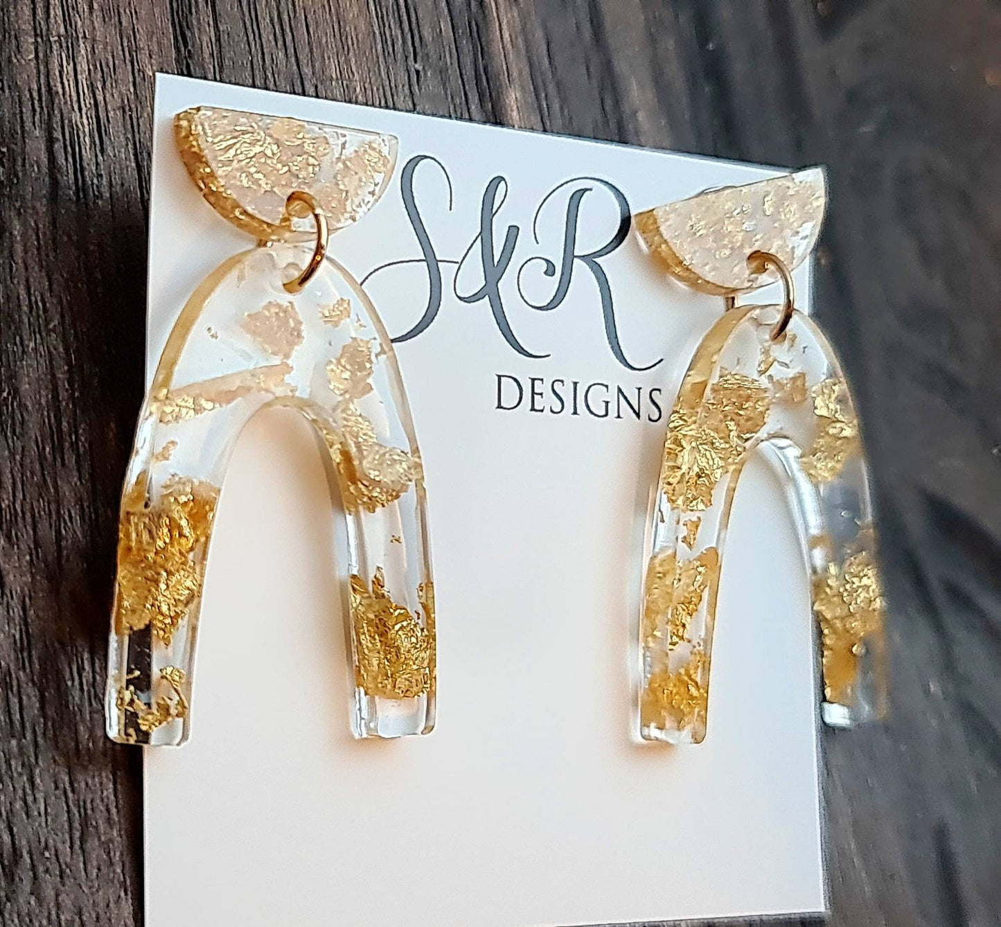 U Shape Dangle Earrings, Gold Leaf Earrings, Resin Dangle Earrings, Stainless Steel Earrings, Statement Earrings