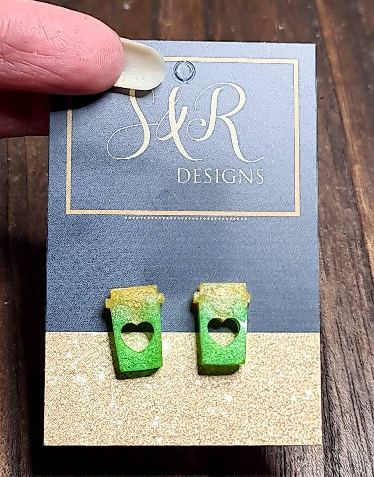 Coffee Cup Stud Earrings, Green Yellow Coffee Earrings, Stainless Steel Studs