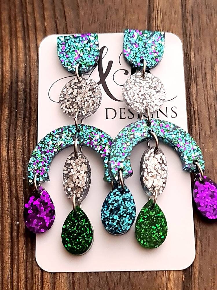 Large Oversized Multicoloured Chandelier Dangle Earrings, Purple, Blue, Green, Silver Glitter Dangles, Statement Long Glitter Earrings