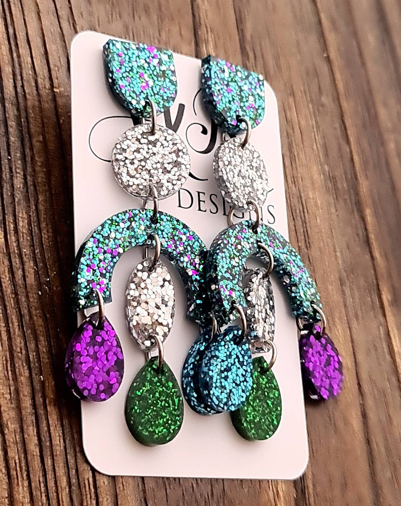 Large Oversized Multicoloured Chandelier Dangle Earrings, Purple, Blue, Green, Silver Glitter Dangles, Statement Long Glitter Earrings