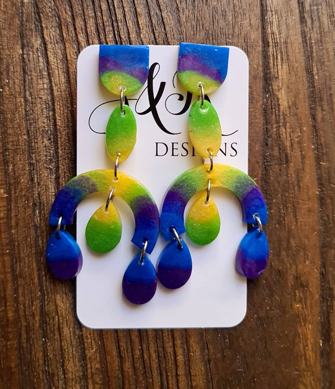 Large Oversized Multicoloured Chandelier Dangle Earrings, Blue, Purple, Green, Yellow Dangles, Statement Long Glitter Earrings