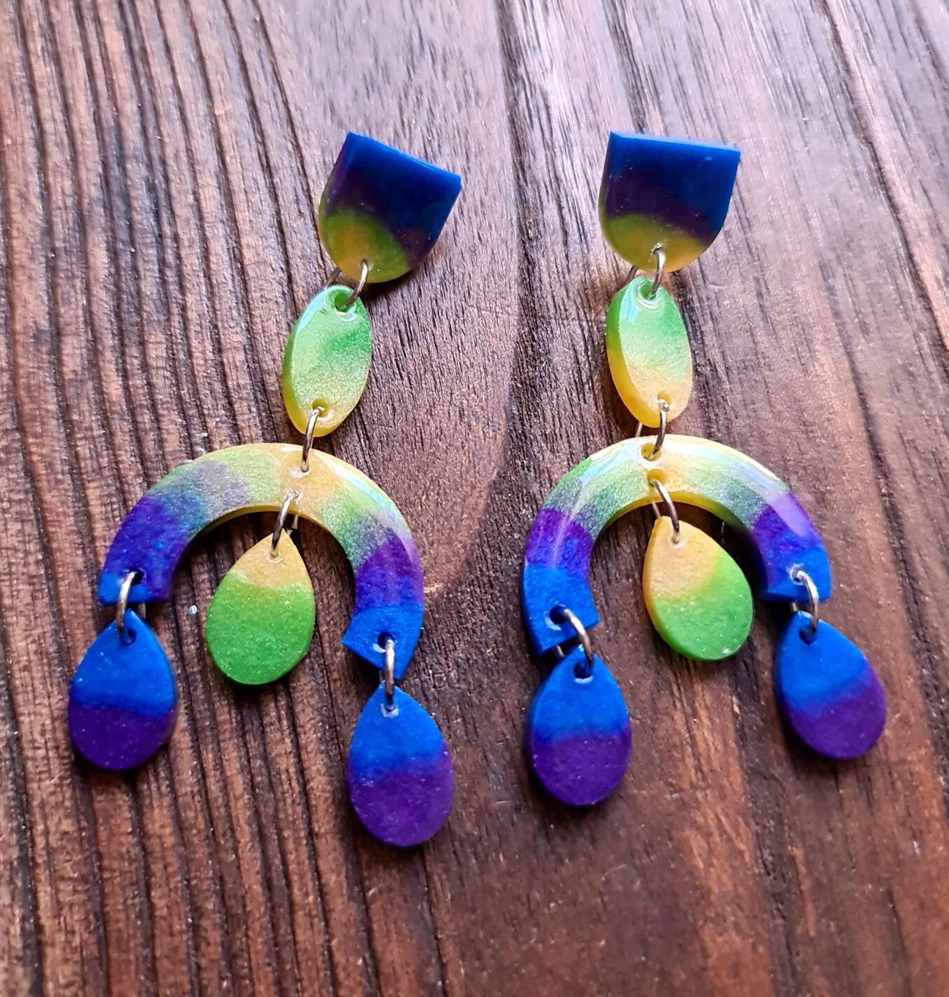 Large Oversized Multicoloured Chandelier Dangle Earrings, Blue, Purple, Green, Yellow Dangles, Statement Long Glitter Earrings