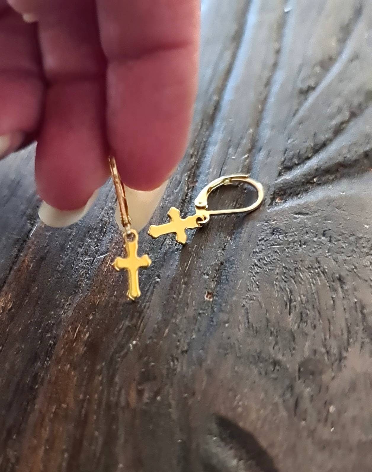 Gold Tiny Cross Leverback Earrings, Stainless Steel Dangle Leverback or Hook Earrings.