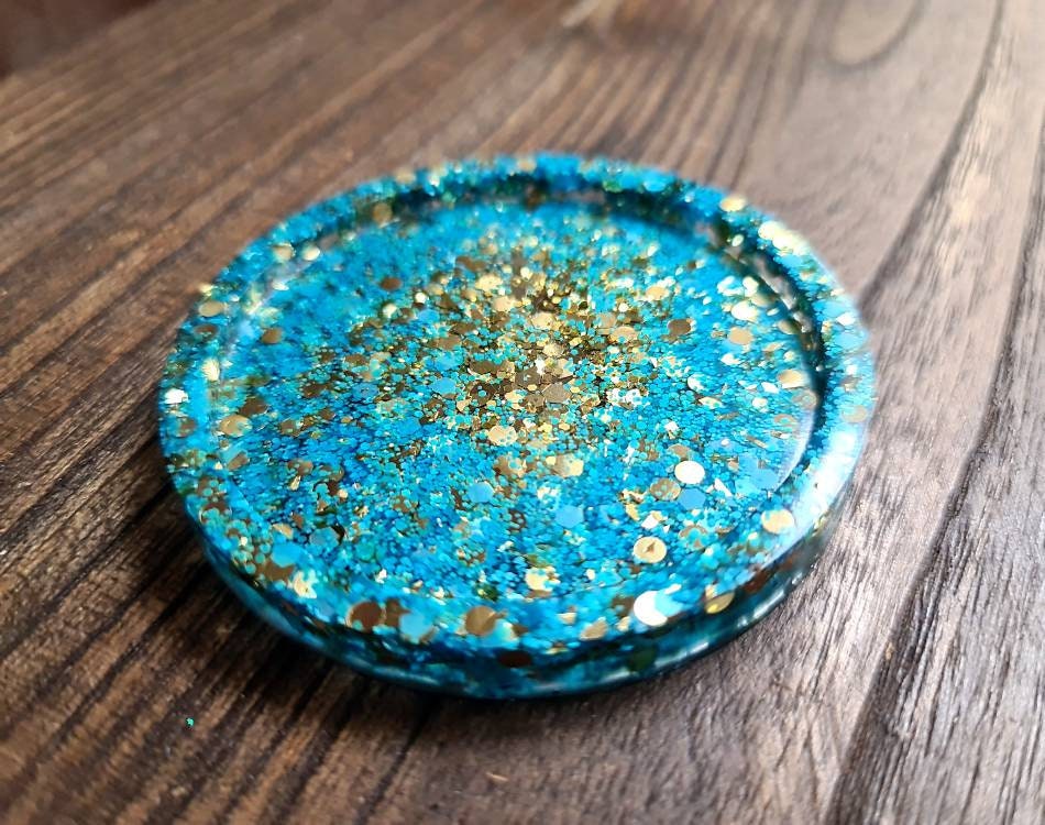 Resin Trinket Ring Dish, Coaster Blu Gold Glitter Mix