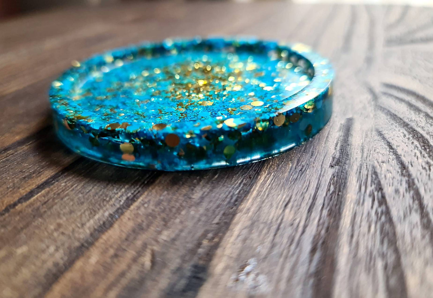 Resin Trinket Ring Dish, Coaster Blu Gold Glitter Mix