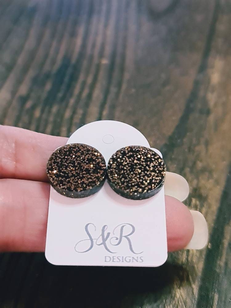 Black Copper Glitter Circle Stud Earrings, Acrylic Earrings, Stainless Steel Earrings. 15mm