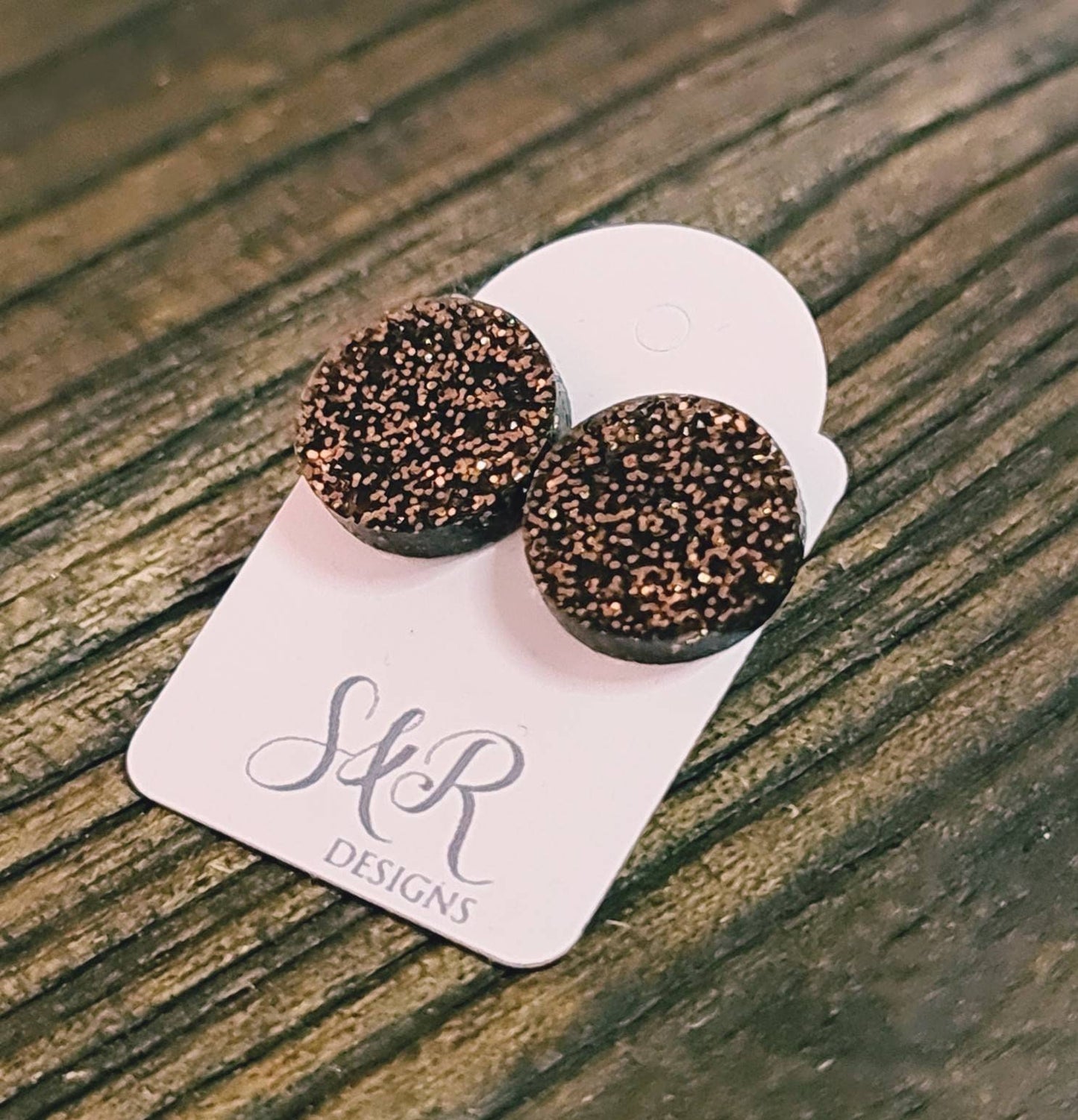 Black Copper Glitter Circle Stud Earrings, Acrylic Earrings, Stainless Steel Earrings. 15mm
