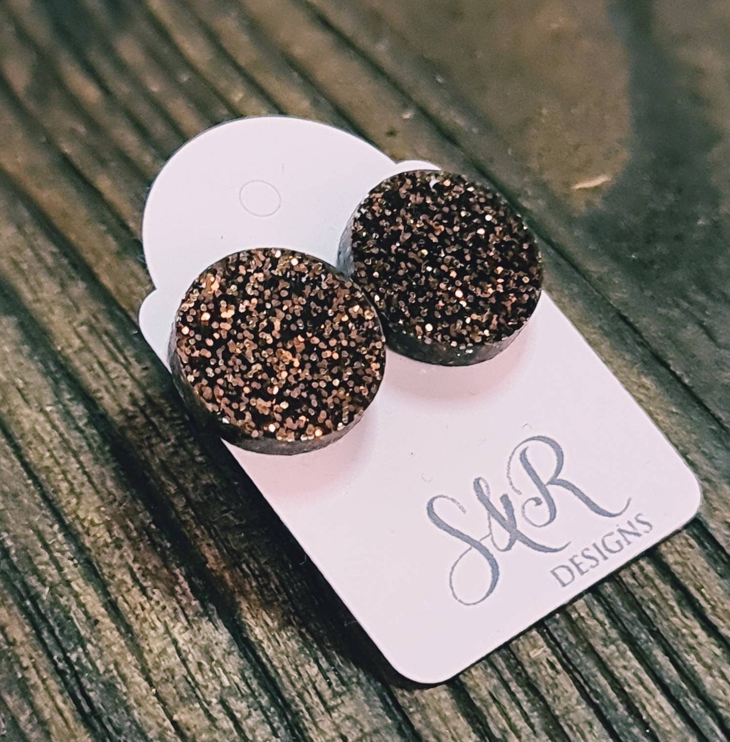 Black Copper Glitter Circle Stud Earrings, Acrylic Earrings, Stainless Steel Earrings. 15mm