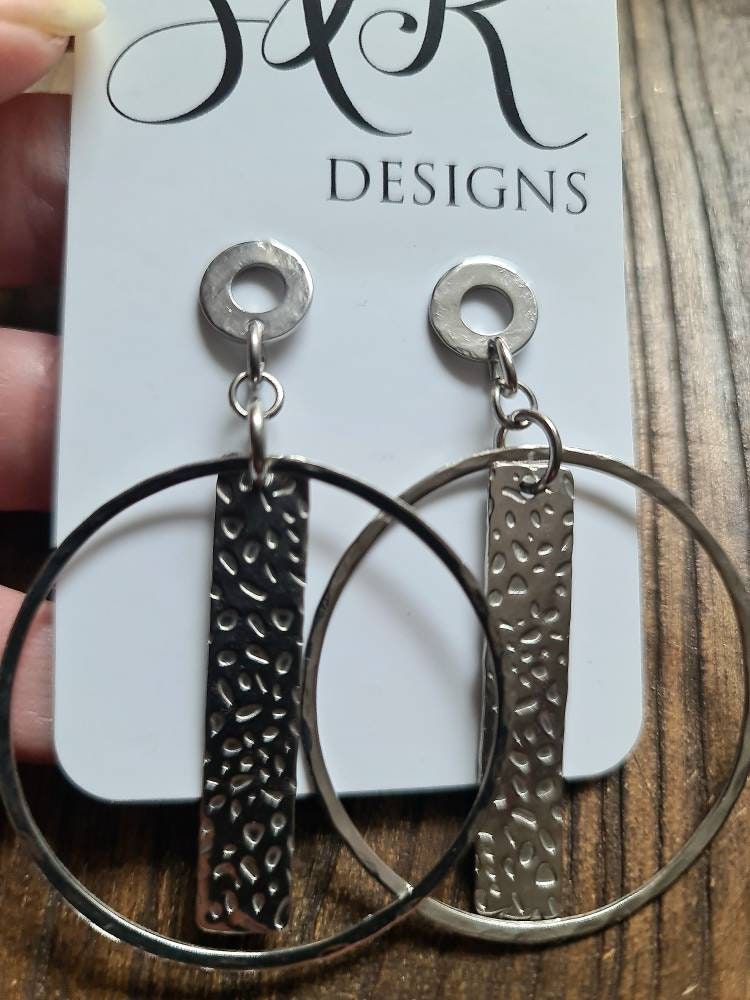 Hammered Circles Bar Design Earrings, Long Silver Stainless Steel Dangle Earrings