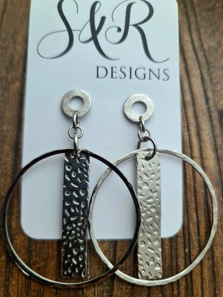 Hammered Circles Bar Design Earrings, Long Silver Stainless Steel Dangle Earrings