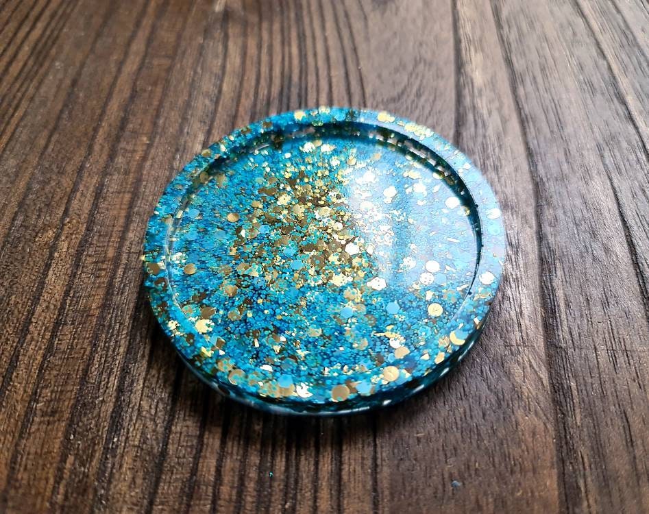 Resin Trinket Ring Dish, Coaster Blu Gold Glitter Mix