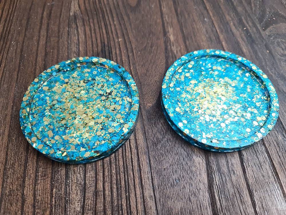 Resin Trinket Ring Dish, Coaster Blu Gold Glitter Mix