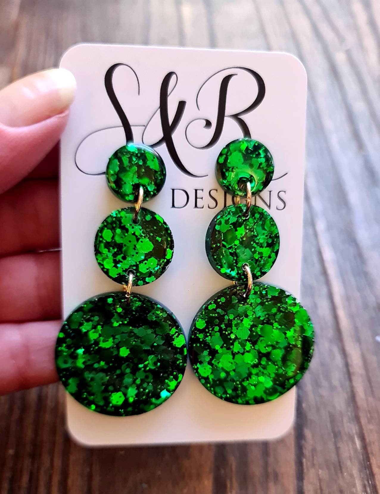 Emerald Green Circle Long Resin Earrings, Statement Emerald Green Glitter Earrings, Bridal Earrings, Stainless Steel Earrings.