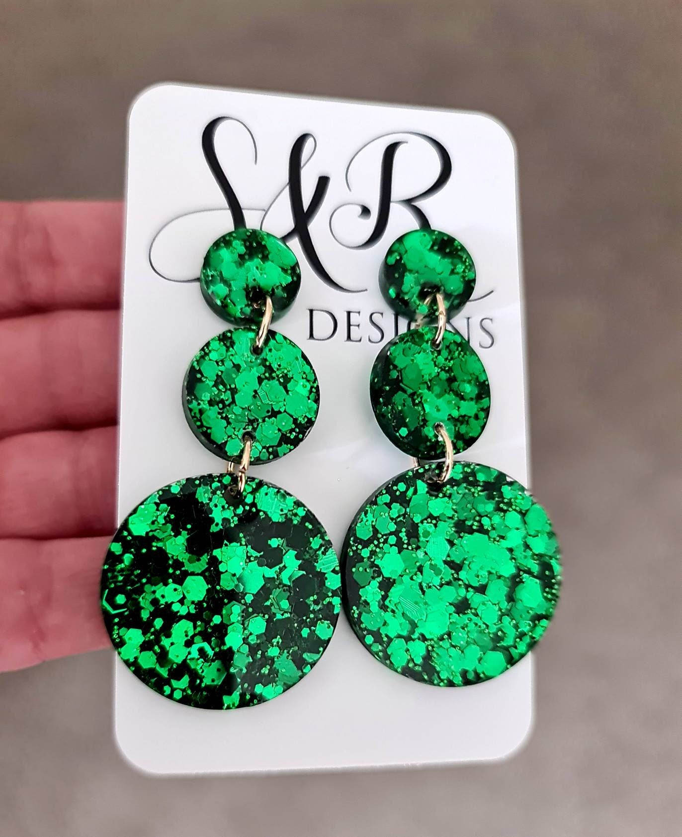 Emerald Green Circle Long Resin Earrings, Statement Emerald Green Glitter Earrings, Bridal Earrings, Stainless Steel Earrings.