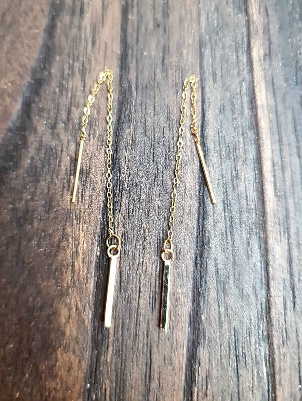 Gold Bar Threader Earrings, Stainless Steel Long Bar Dangles. Choose Silver or Gold