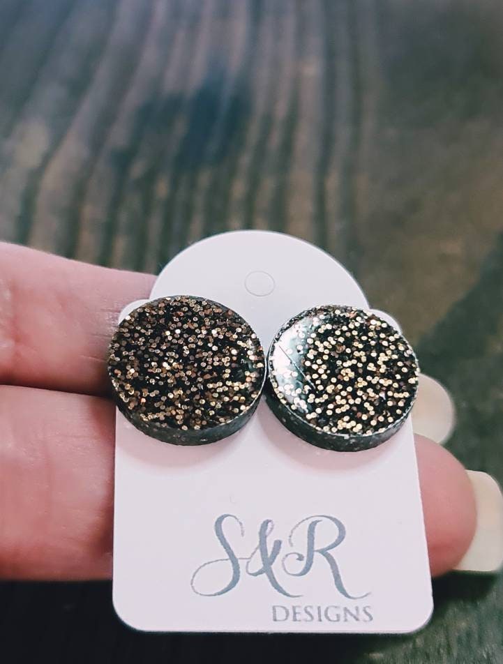 Black Copper Glitter Circle Stud Earrings, Acrylic Earrings, Stainless Steel Earrings. 15mm