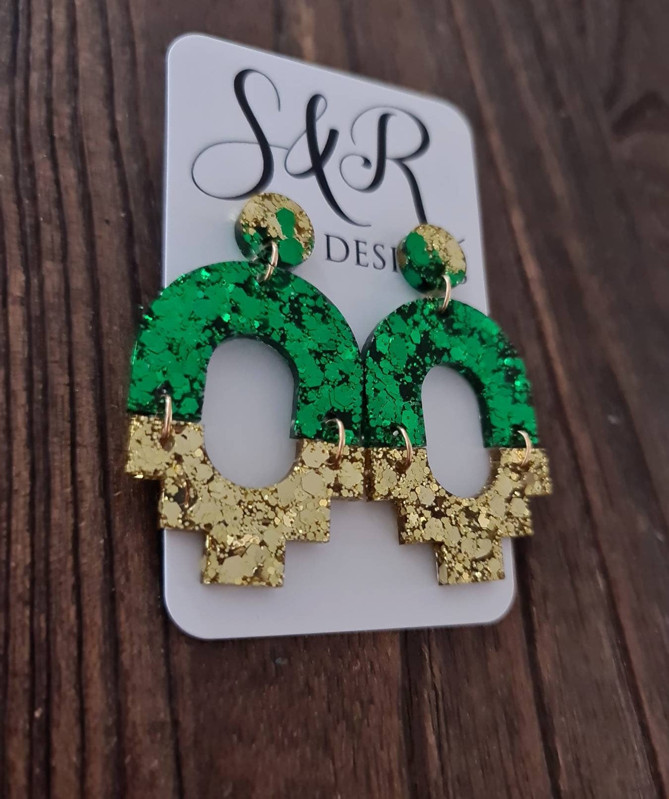 Emerald Green Gold Dangle Earrings, Handmade Resin Earrings, Stainless Steel Earrings, Statement Earrings