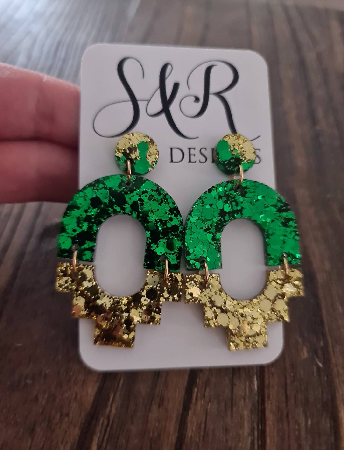 Emerald Green Gold Dangle Earrings, Handmade Resin Earrings, Stainless Steel Earrings, Statement Earrings