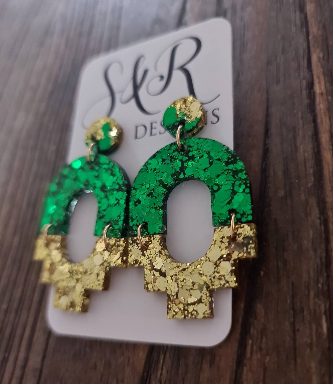 Emerald Green Gold Dangle Earrings, Handmade Resin Earrings, Stainless Steel Earrings, Statement Earrings