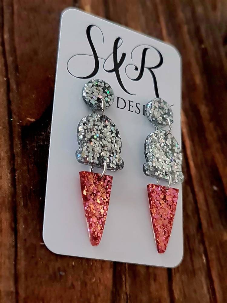 Pink Silver Holographic Dangle Earrings, Pink, Rosegold and Silver Holographic Glitter Ice Cream Earrings, Statement Food Earrings