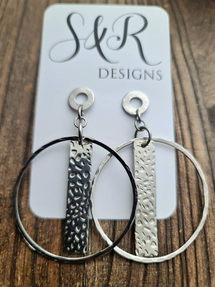 Hammered Circles Bar Design Earrings, Long Silver Stainless Steel Dangle Earrings