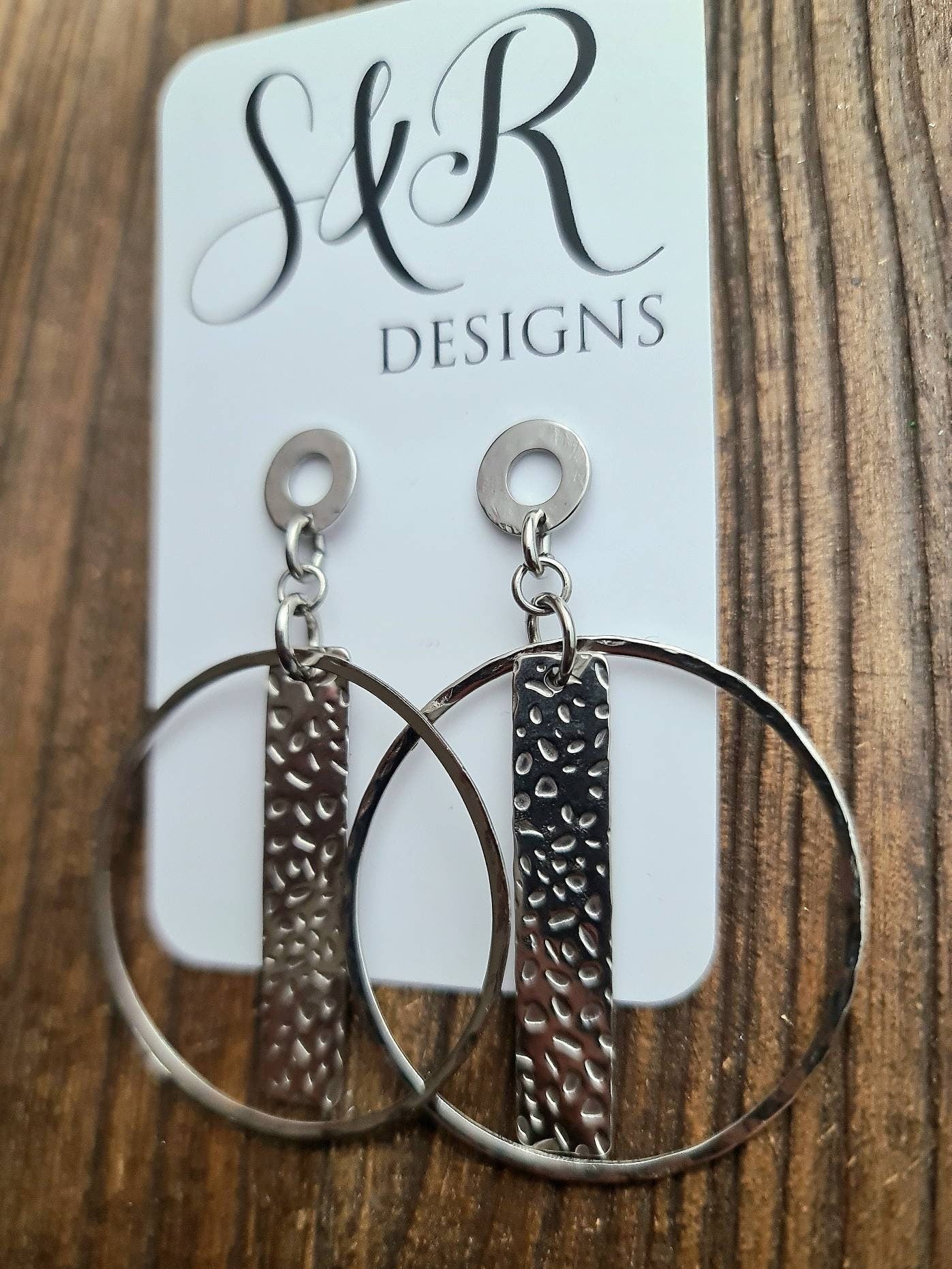 Hammered Circles Bar Design Earrings, Long Silver Stainless Steel Dangle Earrings