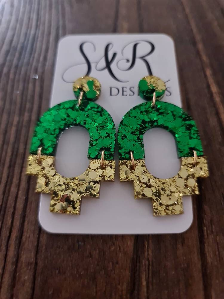 Emerald Green Gold Dangle Earrings, Handmade Resin Earrings, Stainless Steel Earrings, Statement Earrings