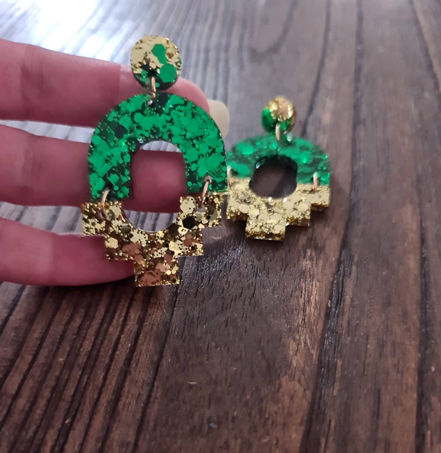 Emerald Green Gold Dangle Earrings, Handmade Resin Earrings, Stainless Steel Earrings, Statement Earrings