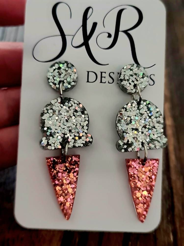 Pink Silver Holographic Dangle Earrings, Pink, Rosegold and Silver Holographic Glitter Ice Cream Earrings, Statement Food Earrings