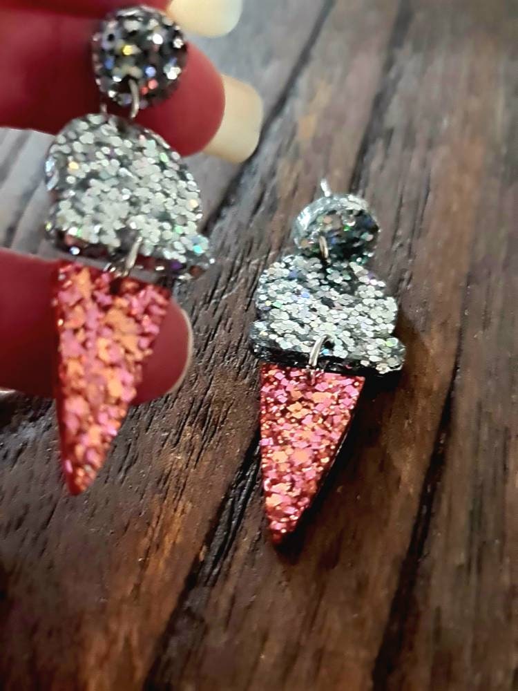 Pink Silver Holographic Dangle Earrings, Pink, Rosegold and Silver Holographic Glitter Ice Cream Earrings, Statement Food Earrings