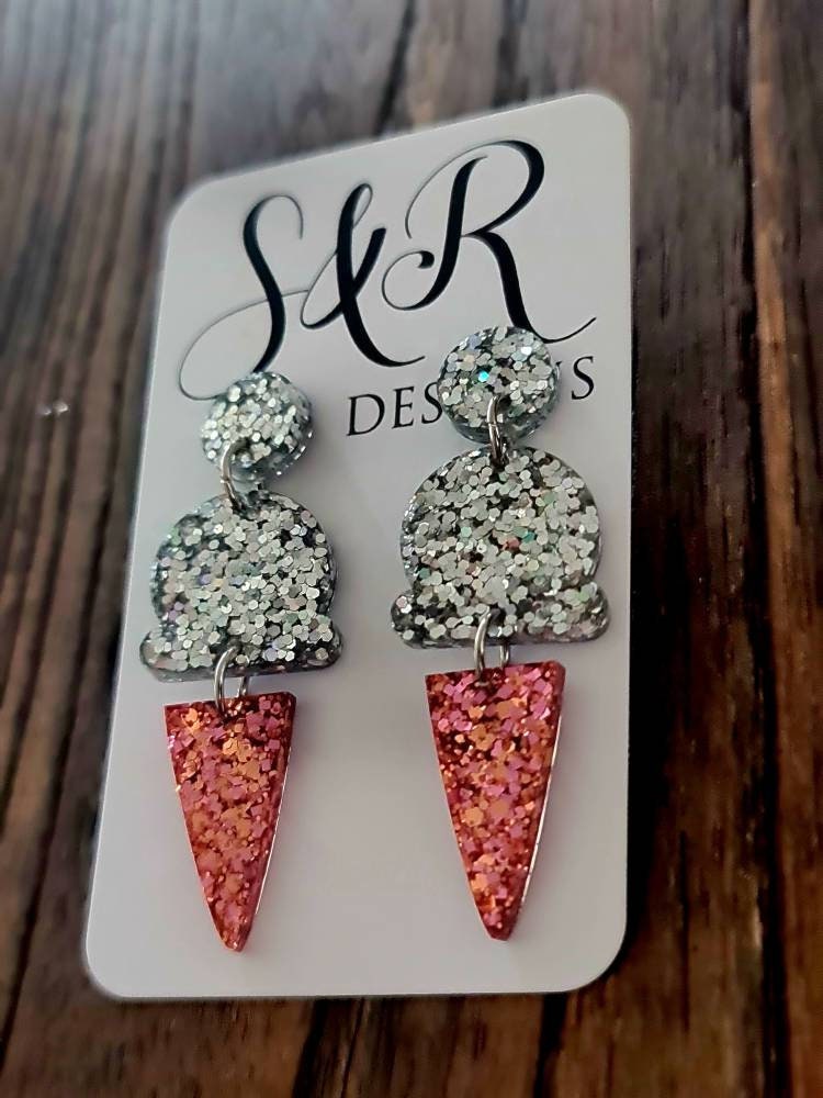 Pink Silver Holographic Dangle Earrings, Pink, Rosegold and Silver Holographic Glitter Ice Cream Earrings, Statement Food Earrings