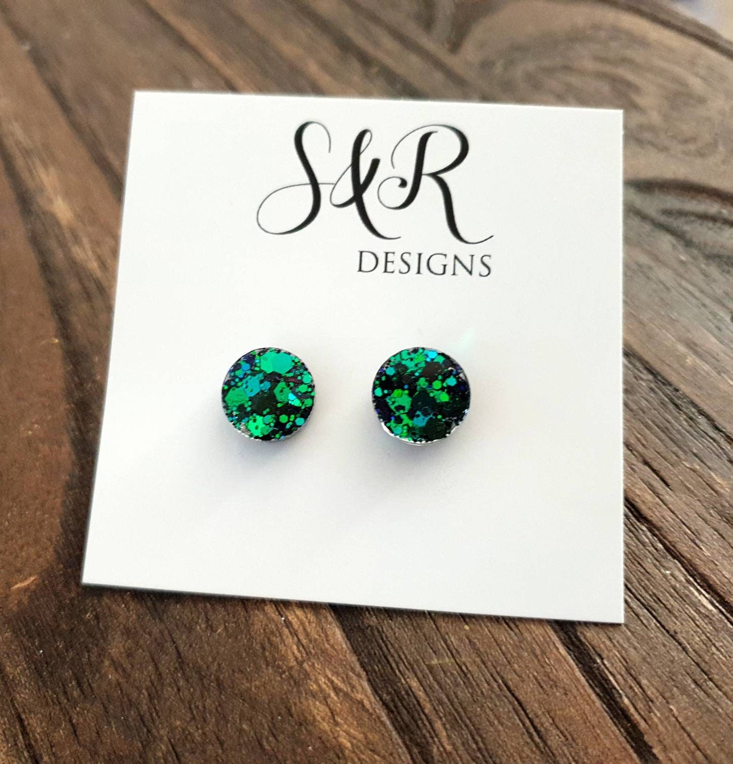 Emerald Green Blue Circle Dot Resin Stud Earrings, Chameleon Glitter Earrings. Stainless Steel Minimalist Studs. 15mm, 12mm, 10mm or 8mm