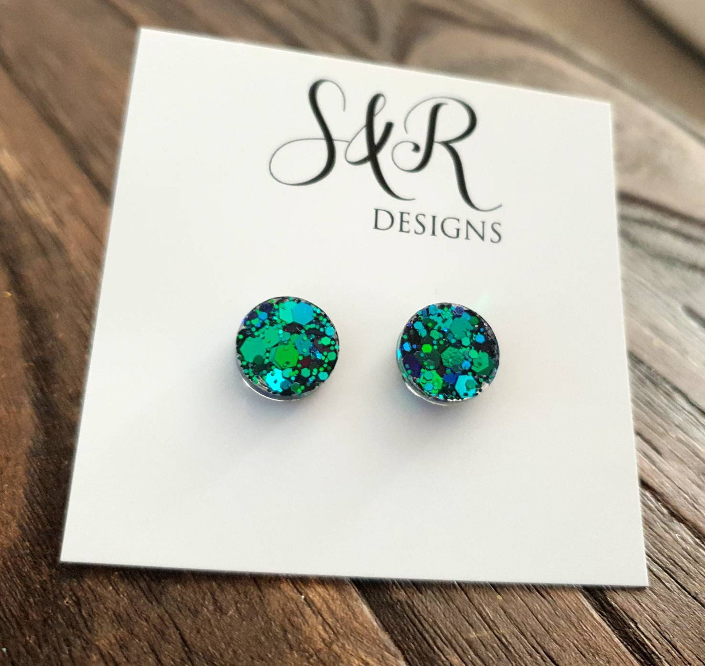Emerald Green Blue Circle Dot Resin Stud Earrings, Chameleon Glitter Earrings. Stainless Steel Minimalist Studs. 15mm, 12mm, 10mm or 8mm