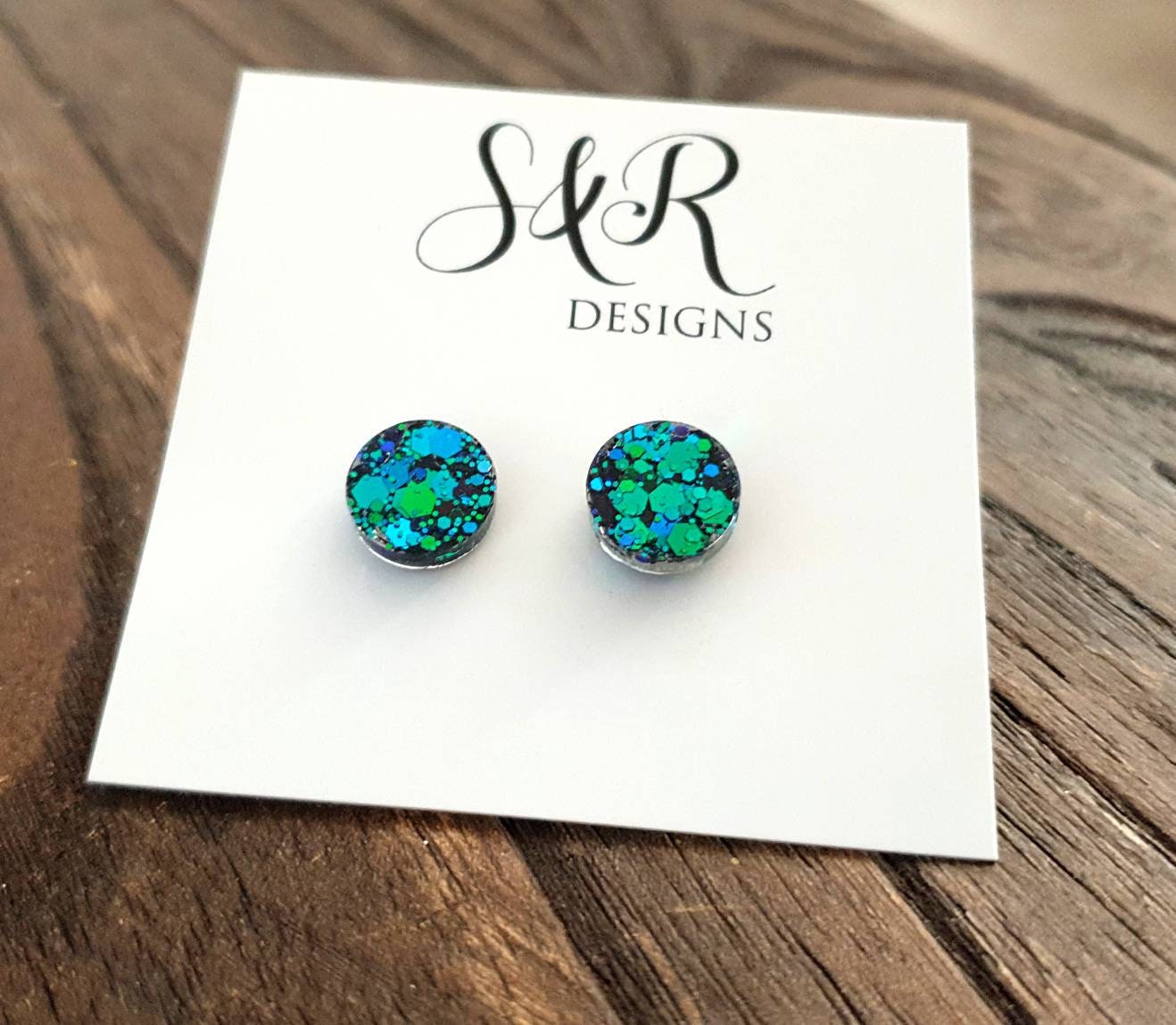 Emerald Green Blue Circle Dot Resin Stud Earrings, Chameleon Glitter Earrings. Stainless Steel Minimalist Studs. 15mm, 12mm, 10mm or 8mm