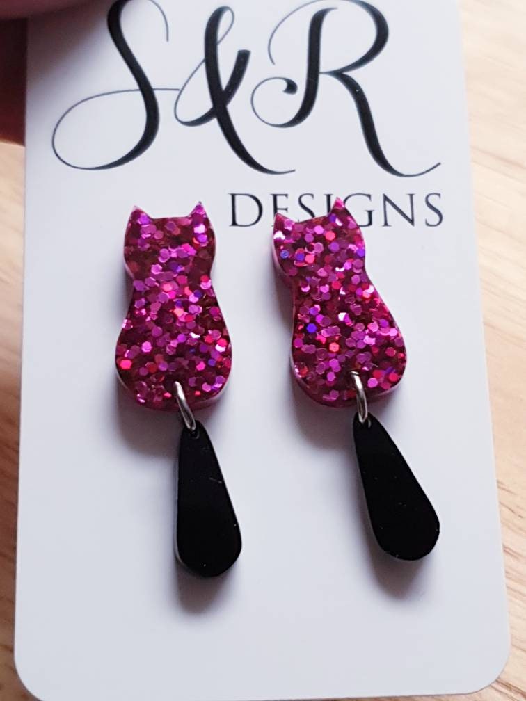 Hot Pink Holographic Cat with Black Tail Stud Long Earrings, Hot Pink Holographic Glitter Resin Earrings, Cat Earrings with Stainless Steel.