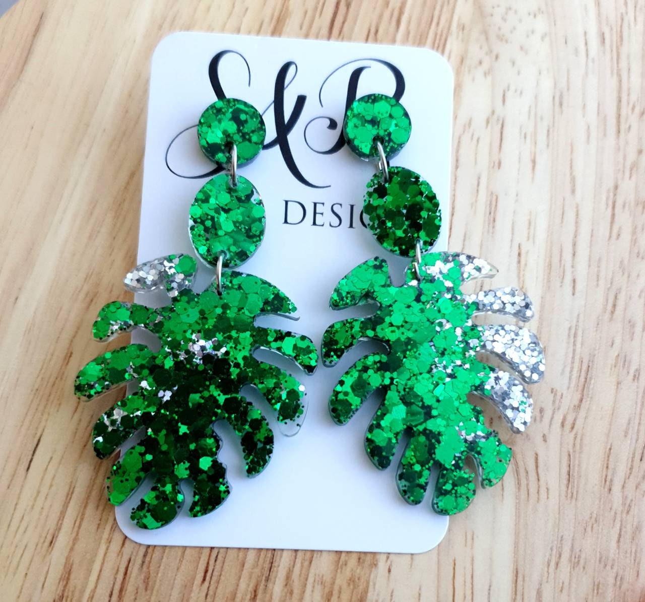 Emerald Green Large Monstera Leaf Extra Long Dangle Earrings, Green and Silver Glitter Resin Dangles, Statement Earrings