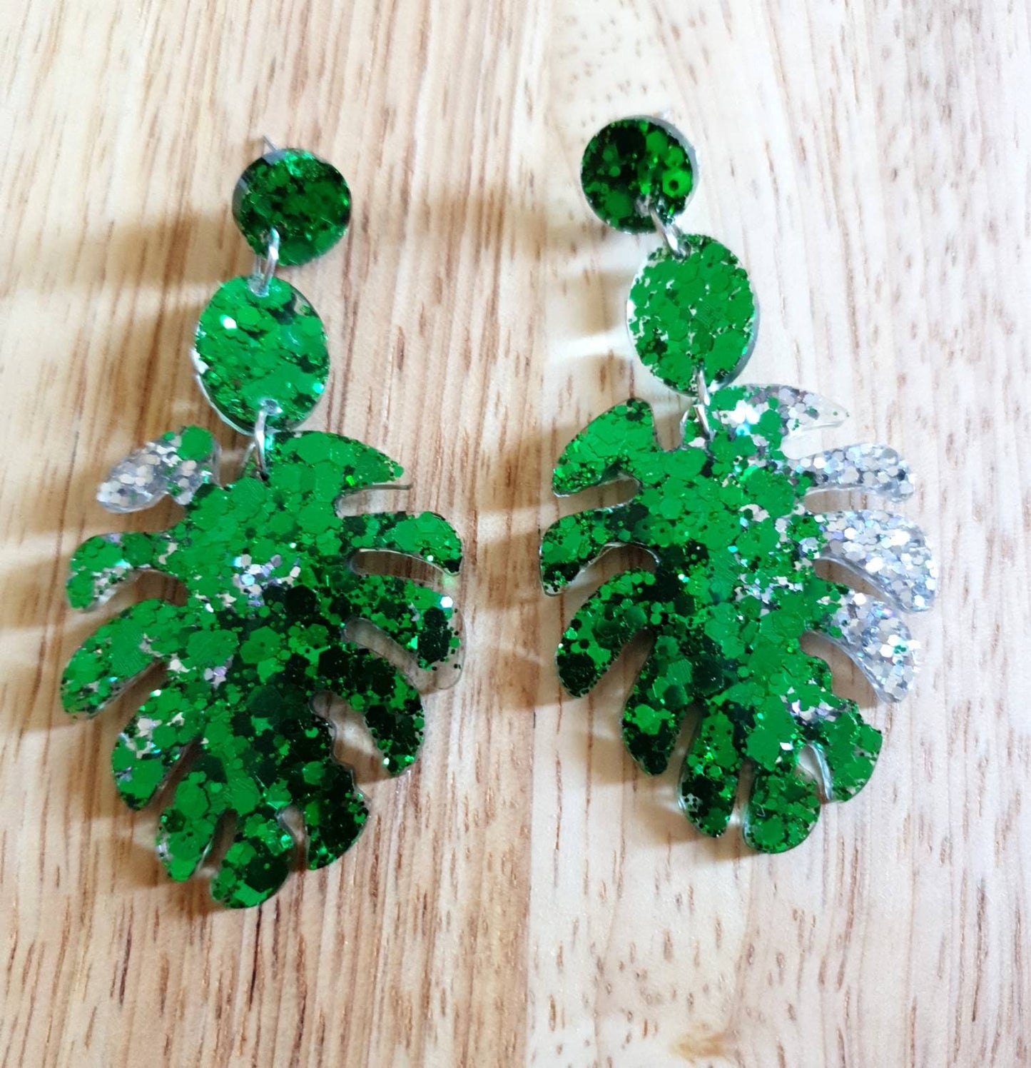 Emerald Green Large Monstera Leaf Extra Long Dangle Earrings, Green and Silver Glitter Resin Dangles, Statement Earrings