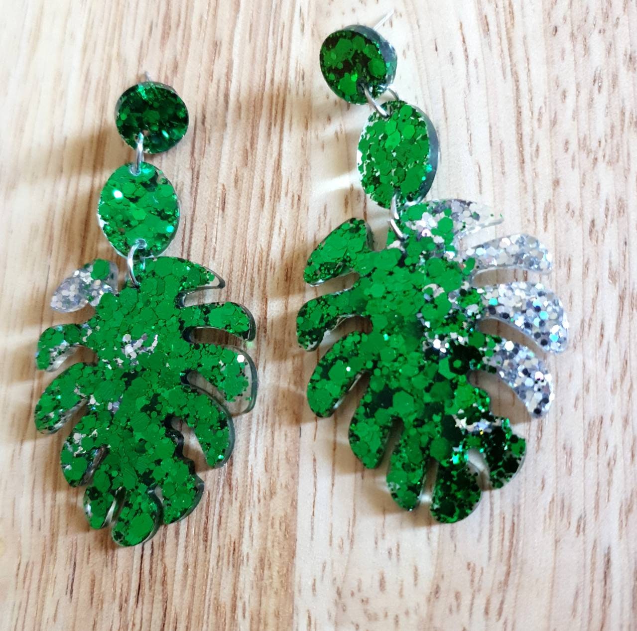 Emerald Green Large Monstera Leaf Extra Long Dangle Earrings, Green and Silver Glitter Resin Dangles, Statement Earrings
