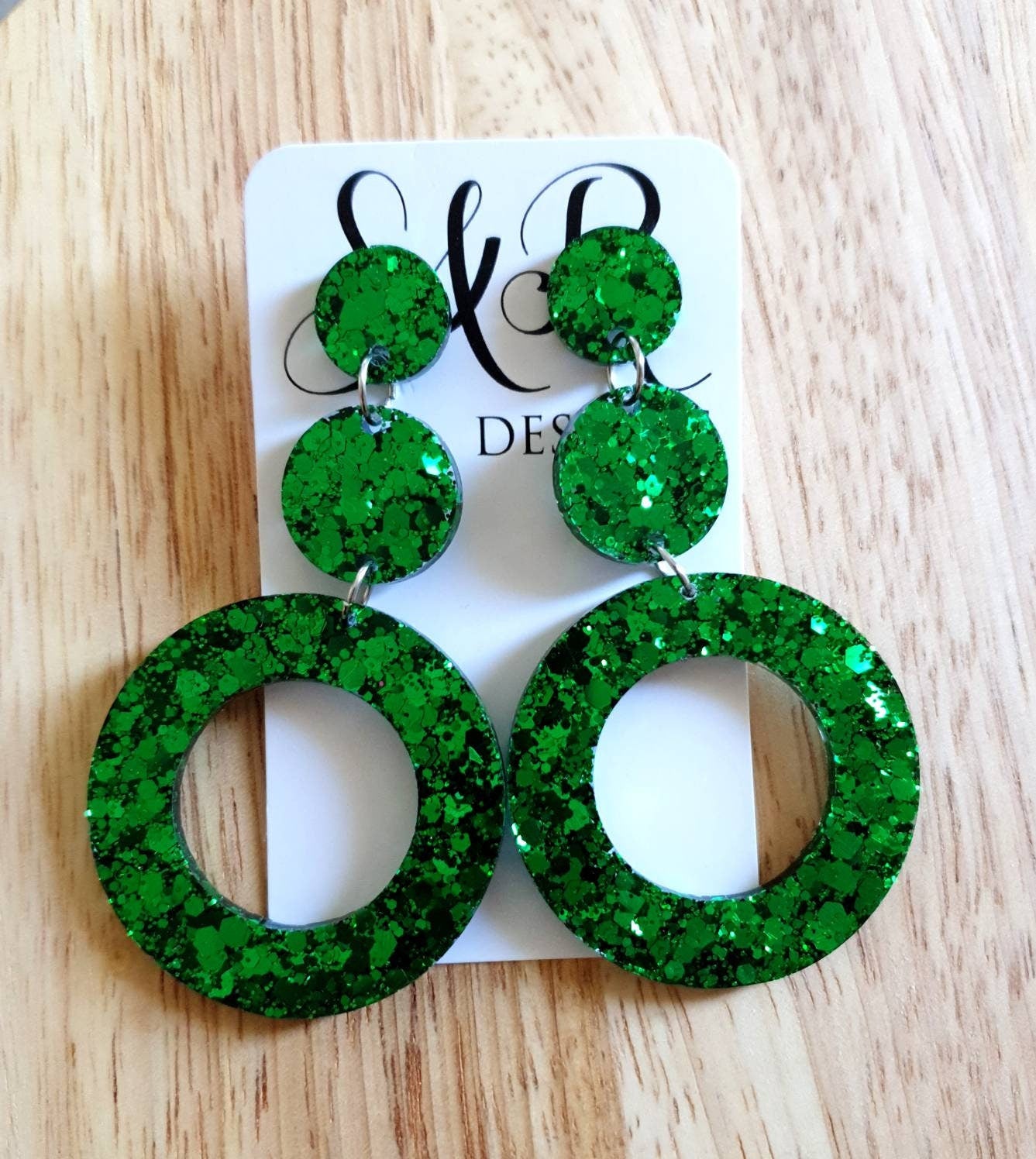Emerald Green Extra Long Hoop Circle Earrings, Emerald Green Circle Glitter Dangles, Statement Earrings