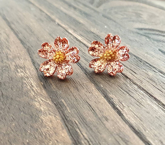 Japanese Sakura Cherry Blossom Flower Stud Earrings, Copper and Gold Resin Cherry Blosom Flower Earrings, Stainless Steel Earrings