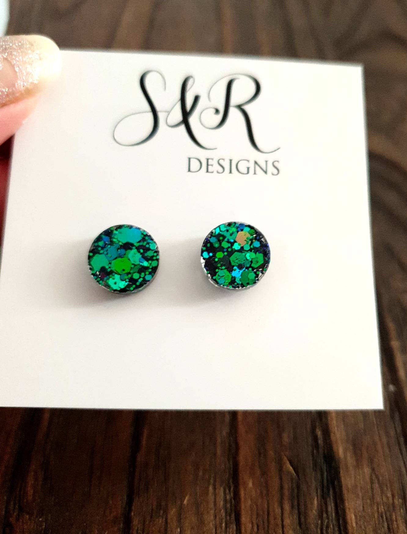 Emerald Green Blue Circle Dot Resin Stud Earrings, Chameleon Glitter Earrings. Stainless Steel Minimalist Studs. 15mm, 12mm, 10mm or 8mm
