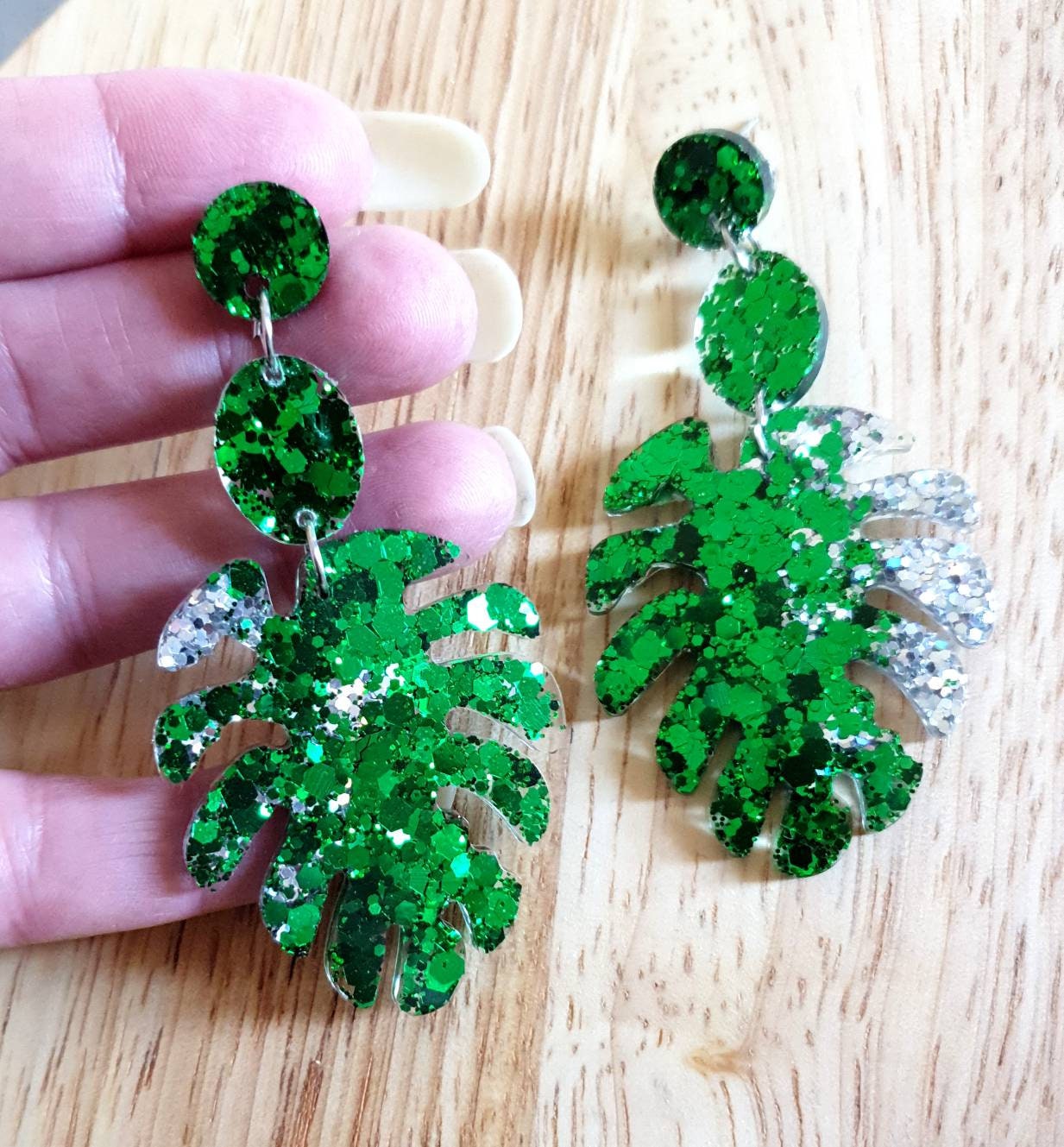 Emerald Green Large Monstera Leaf Extra Long Dangle Earrings, Green and Silver Glitter Resin Dangles, Statement Earrings